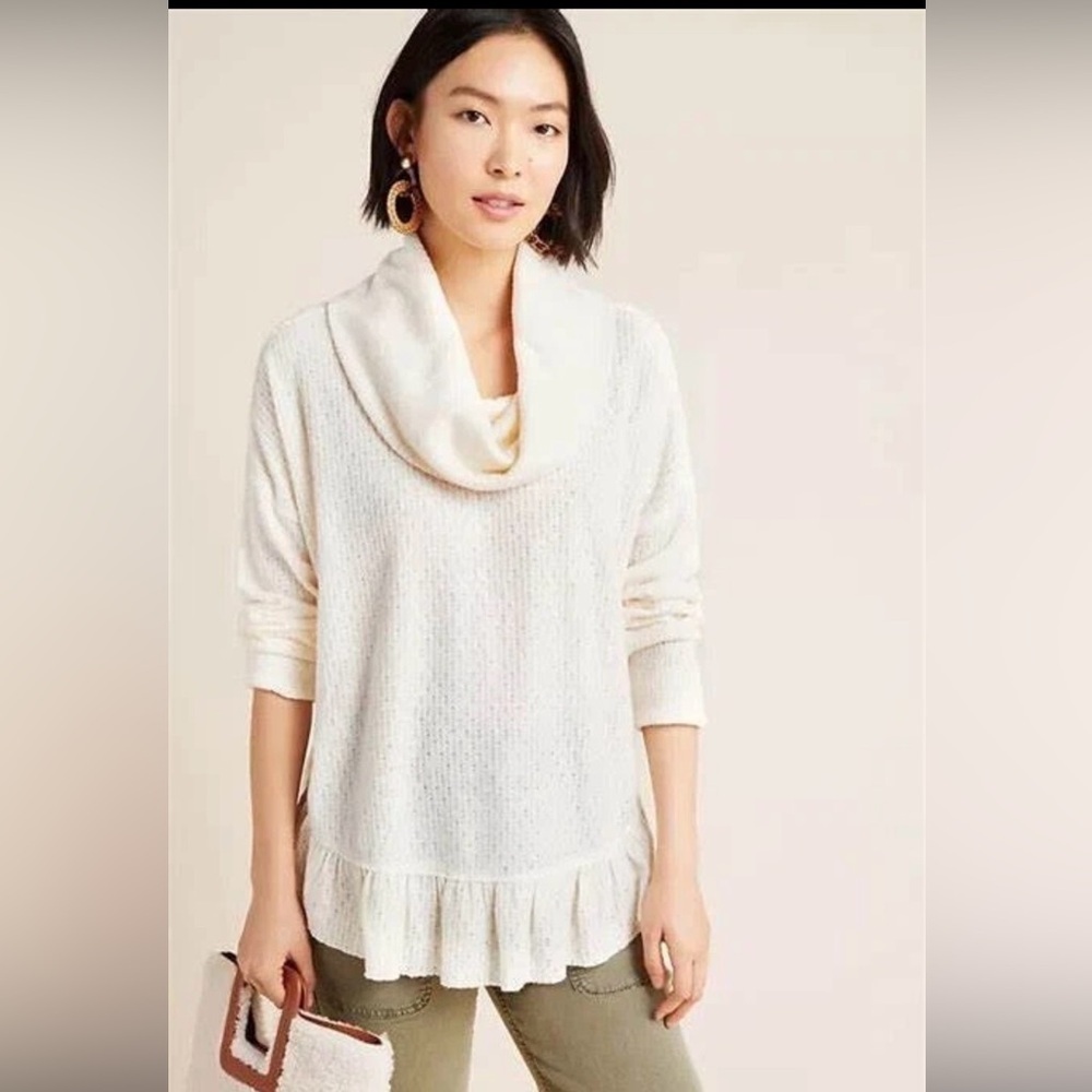 Maeve Cream Cowl-Neck Ruffle-Hem Sweater